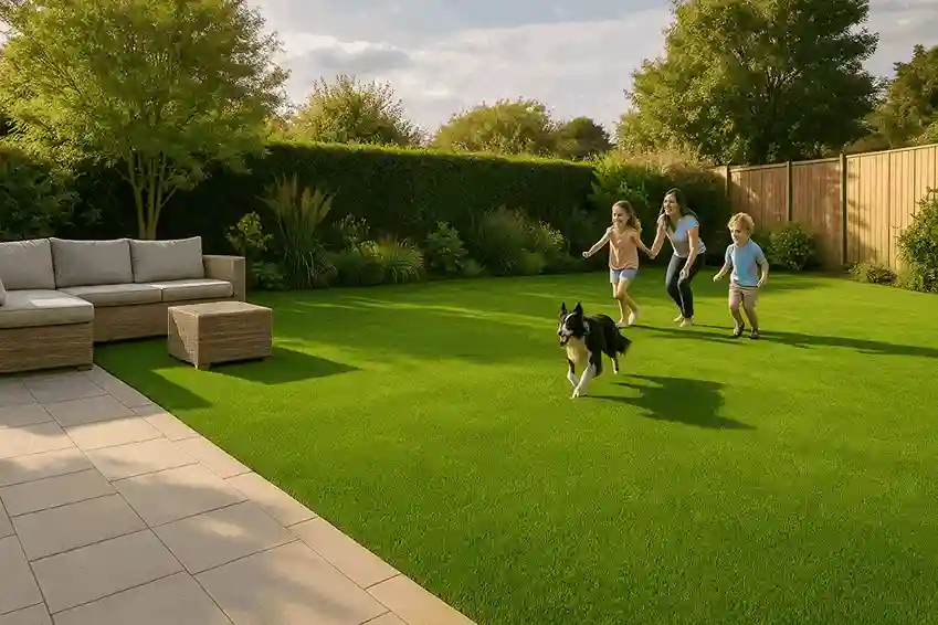 Artificial grass installation for families and pets in Mitcham, Clapham, Croydon, Sutton, Wimbledon - Green Garden Construct LTD, pet and child friendly, low maintenance, premium turf.
