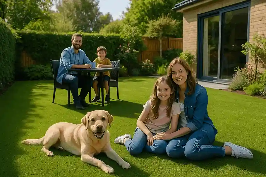 Premium artificial grass installation for gardens in Mitcham, Clapham, Croydon, Sutton, Wimbledon. Pet and child friendly, low maintenance, with 10-year guarantee by Green Garden Construct LTD.