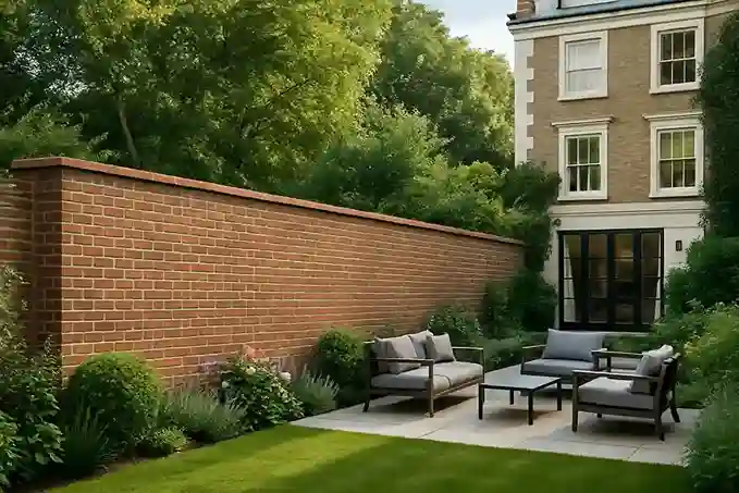 Premium brick wall used as a stylish boundary divider between a London townhouse and a luxury relaxation garden area in South London